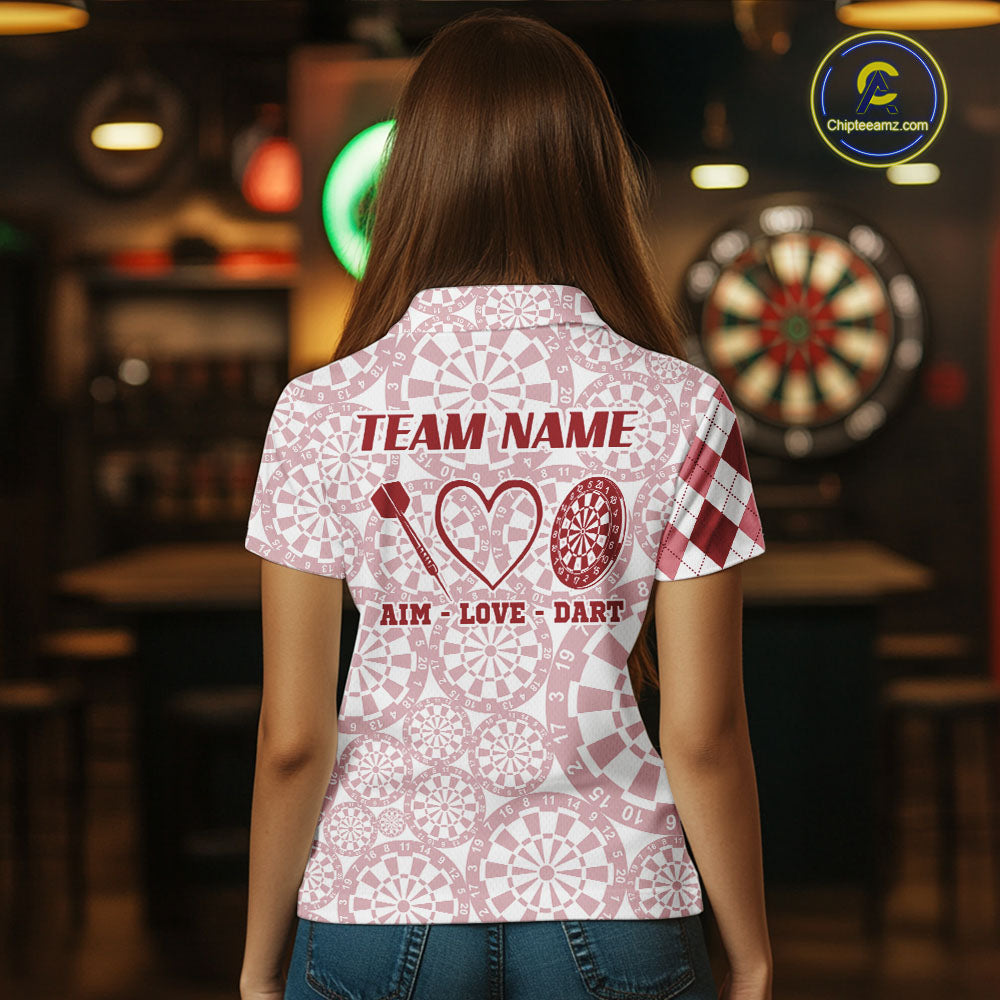 Aim Love Darts Custom Red Argyle Women Darts Polo & 1/4 Shirts, Funny Darts Shirts Darts Team Jersey TDM5661