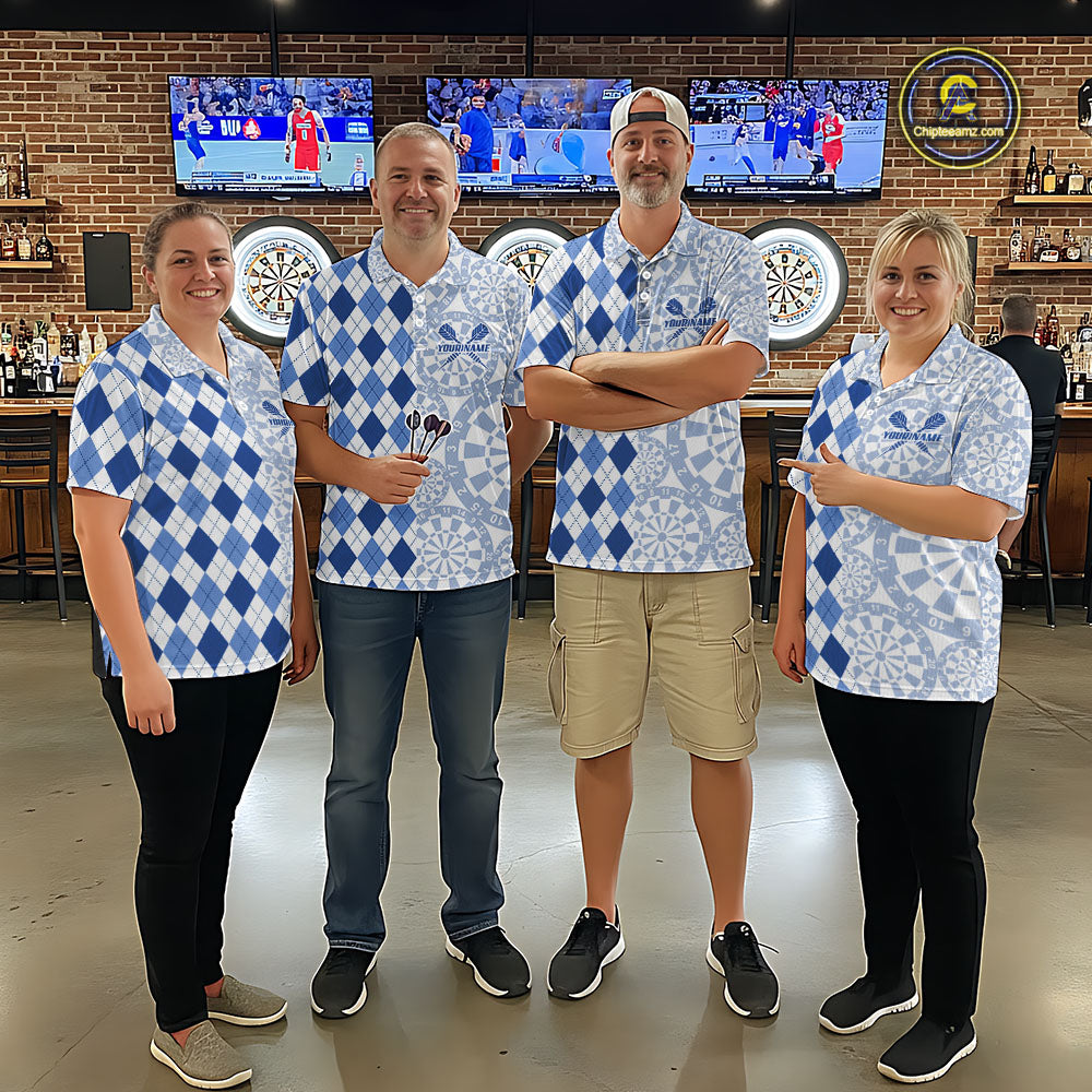 Aim Love Darts Custom Blue Argyle Men Darts Polo & 1/4 Shirts, Funny Darts Shirts Dart Team Jersey TDM5663