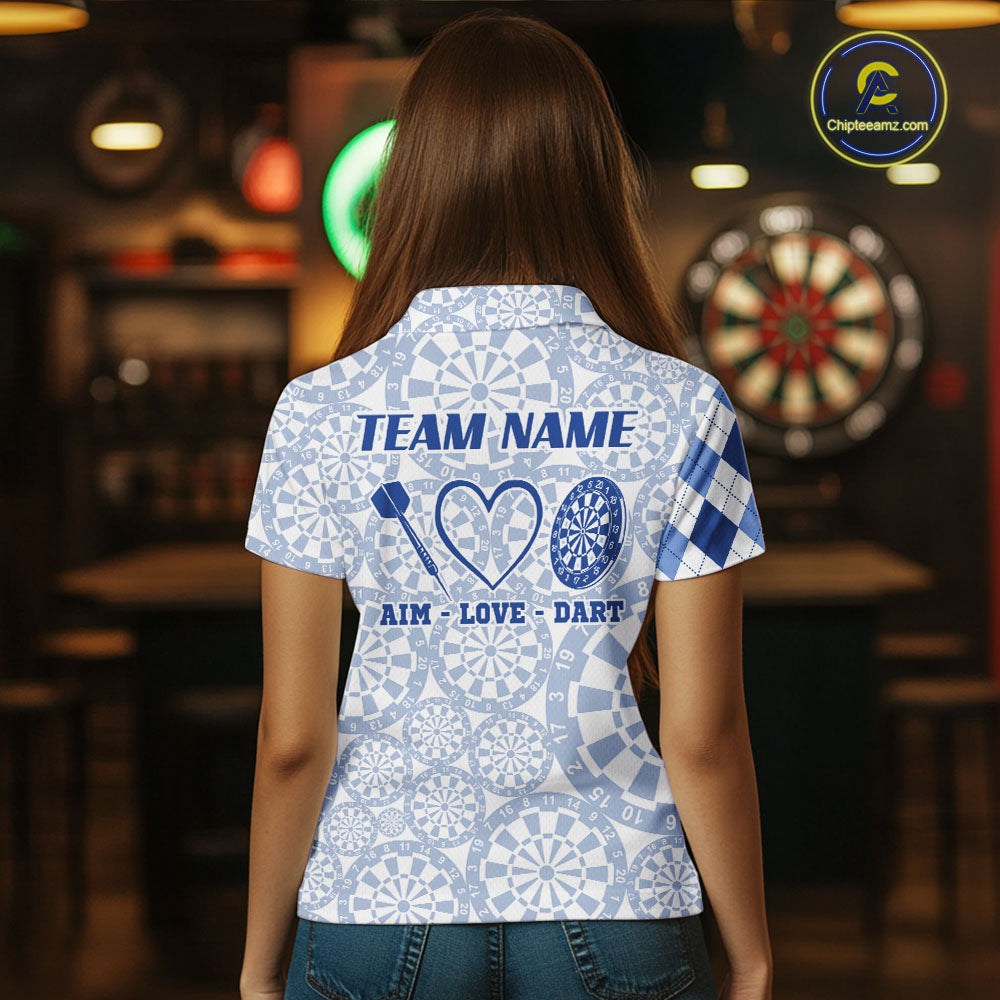Aim Love Darts Custom Blue Argyle Women Darts Polo & 1/4 Shirts, Funny Darts Shirts Dart Team Jersey TDM5663