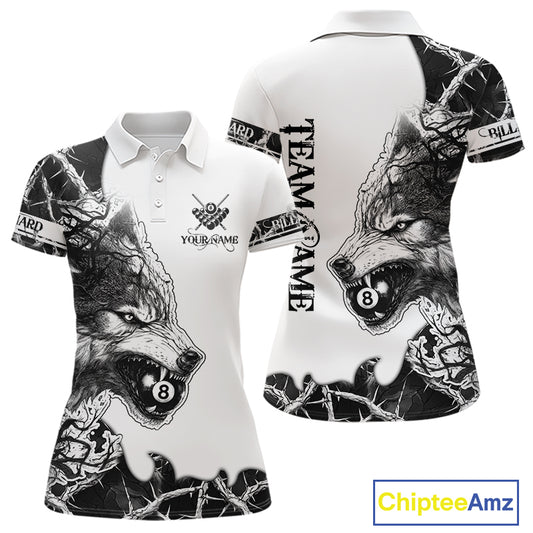 White Black Thorny Camo Wolf Billiard Shirts For Women Custom 8 Ball Pool Team Jersey Polo & 1/4 Zip TDM5668