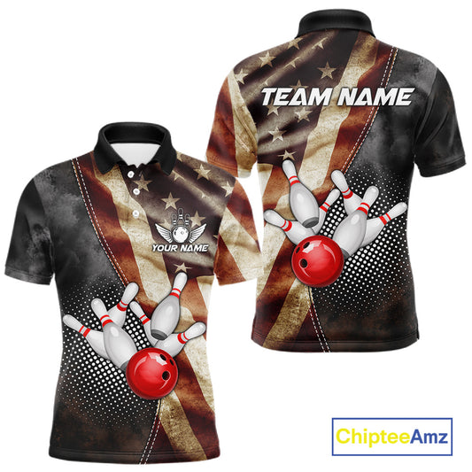 Retro American flag bowling polo shirt for men with patriotic bowling team graphics.