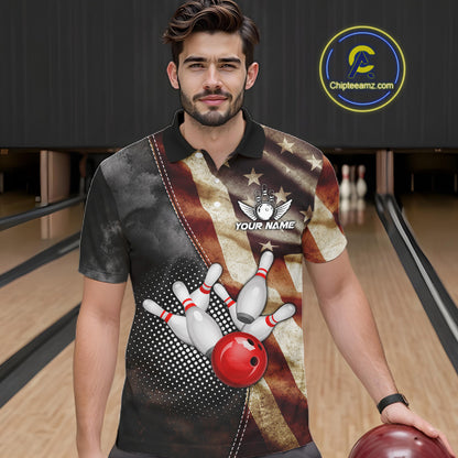 Man wearing a retro American flag bowling polo shirt at a bowling alley front view.