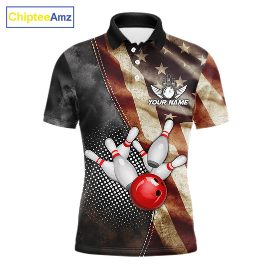 Retro American flag bowling polo shirt for men with patriotic bowling team graphics.