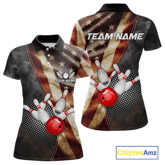 Retro American flag bowling polo shirt for women with patriotic bowling team graphics.