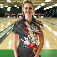 Load image into Gallery viewer, Woman wearing a retro American flag bowling polo shirt at a bowling alley front view.