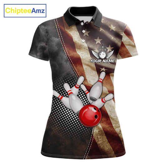 Retro American flag bowling polo shirt for women with patriotic bowling team graphics.