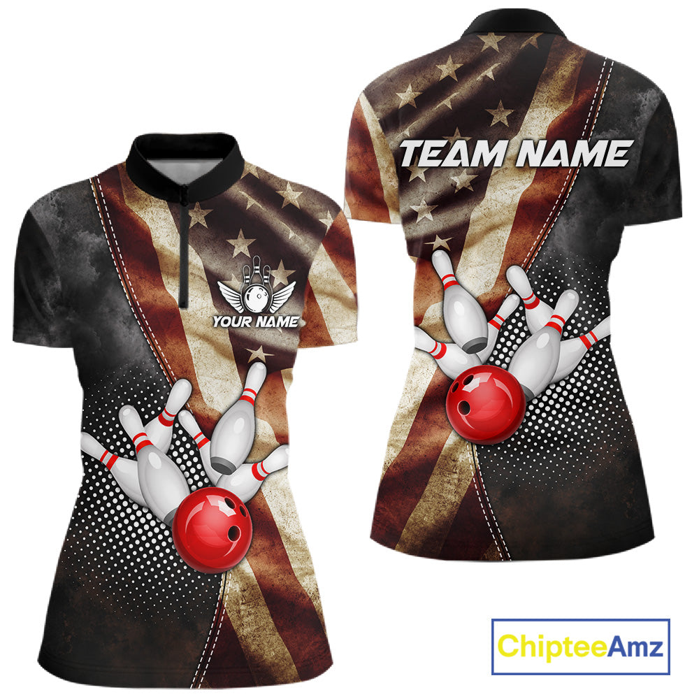 Retro American flag bowling quarter zip shirt for women built for league play and tournaments.