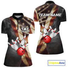 Load image into Gallery viewer, Retro American flag bowling quarter zip shirt for women built for league play and tournaments.