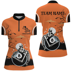 Funny Skeleton Hugging 8 Ball Pool Custom Orange Halloween Women Billiard Shirts Halloween Outfit TDM2682