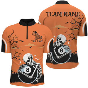 Funny Skeleton Hugging 8 Ball Pool Custom Orange Halloween Billiard Shirts For Men Halloween Outfit TDM2682