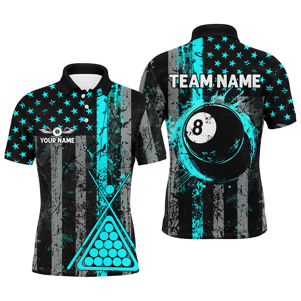 Custom Turquoise Grunge US Flag Patriotic Billiard Shirt For Men Retro 8 Ball Pool Billiard Jersey TDM2936