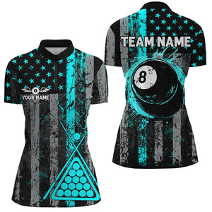 Custom Turquoise Grunge US Flag Patriotic Billiard Shirt For Women Retro 8 Ball Pool Billiard Jersey TDM2936