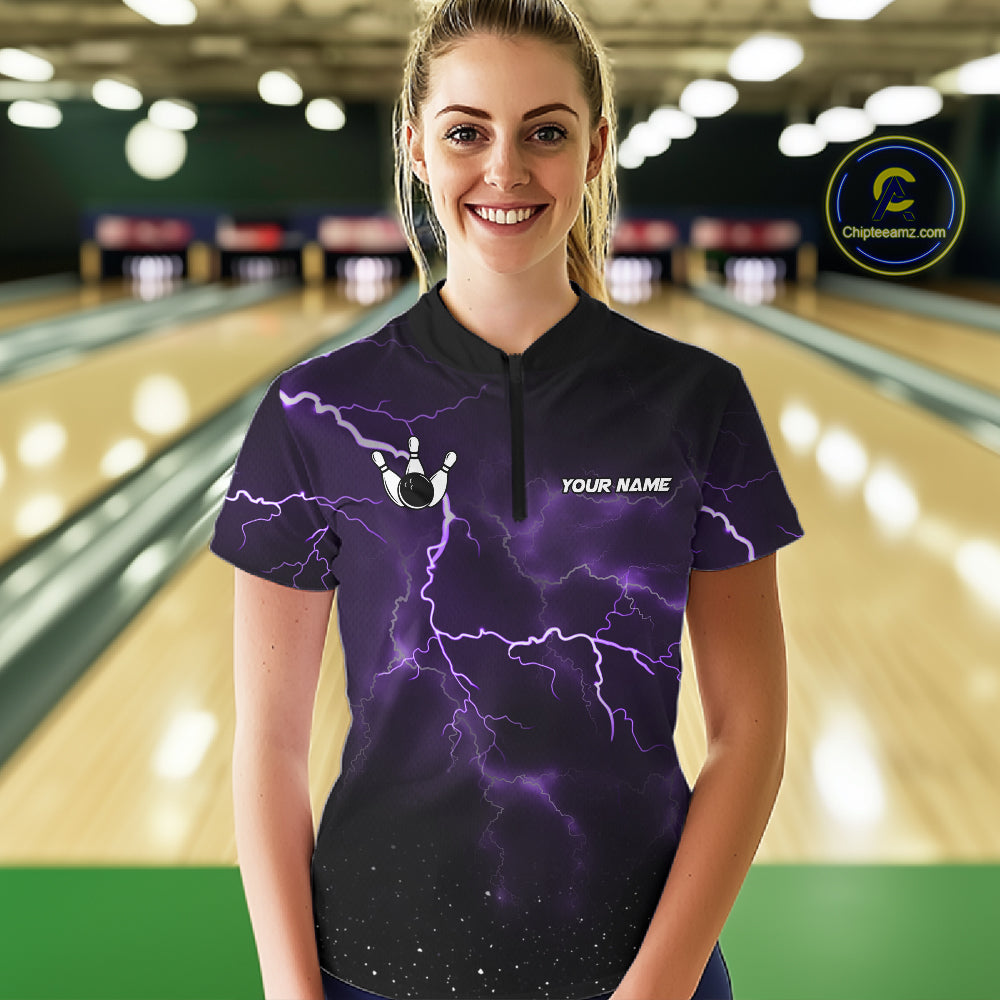 Personalized Thunder Lightning Tornado Funny Bowling Shirt For Women, Bowling Team Jersey |Purple TDM5394