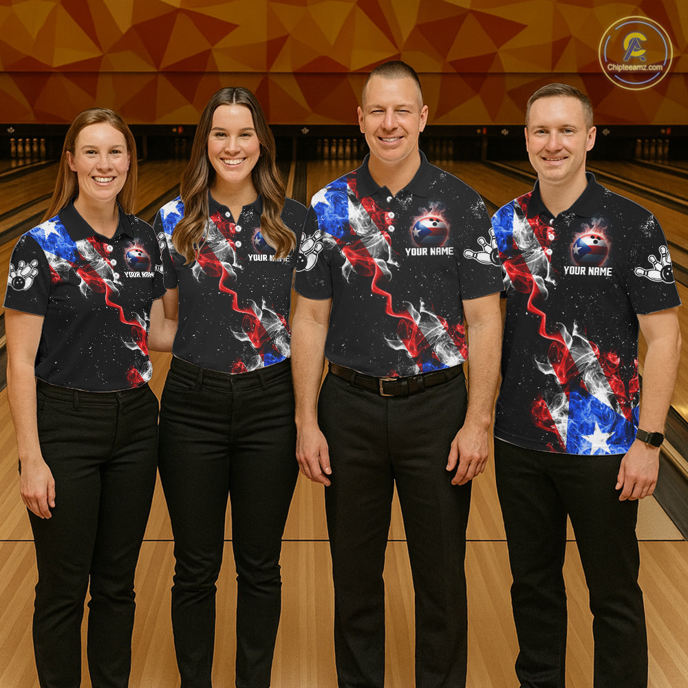 Personalize Puerto Rico Flag Smoke Bowling Shirt For Men Custom Patriotic Bowling Team Jersey TDM6022