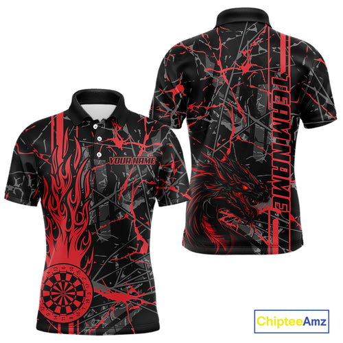 Red Grunge Dart Jerseys For Men, Fire Flame Dart Board Custom Name Dragon Darts League Shirts TDM3857