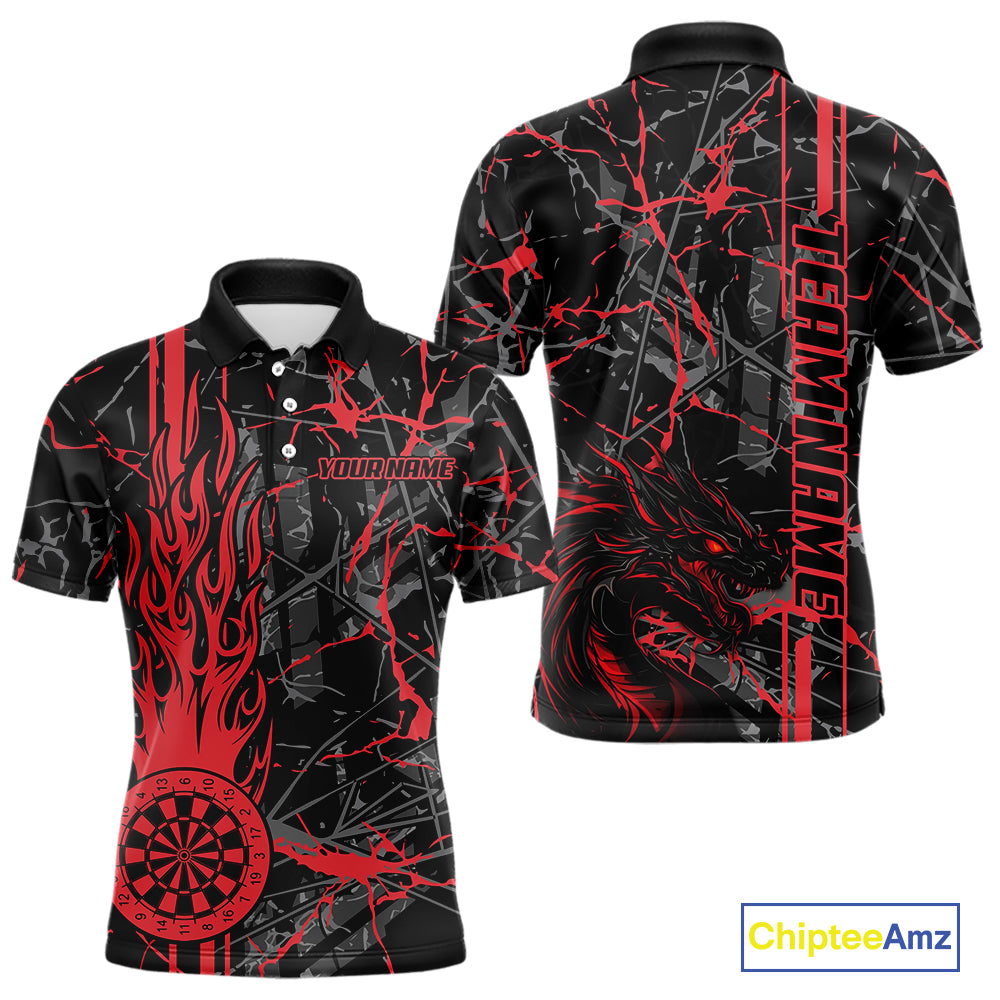 Red Grunge Dart Jerseys For Men, Fire Flame Dart Board Custom Name Dragon Darts League Shirts TDM3857