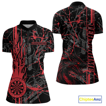 Red Grunge Dart Jerseys For Women, Fire Flame Dart Board Custom Name Dragon Darts League Shirts TDM3857