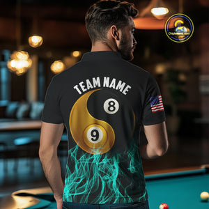 Turquoise Flaming Ying And Yang 8 Ball & 9 Ball Billiard Shirt For Men Custom Pool Billiard Jersey TDM3865