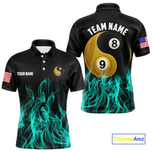 Load image into Gallery viewer, Turquoise Flaming Ying And Yang 8 Ball &amp; 9 Ball Billiard Shirt For Men Custom Pool Billiard Jersey TDM3865