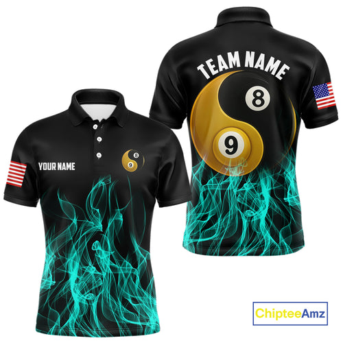 Turquoise Flaming Ying And Yang 8 Ball & 9 Ball Billiard Shirt For Men Custom Pool Billiard Jersey TDM3865