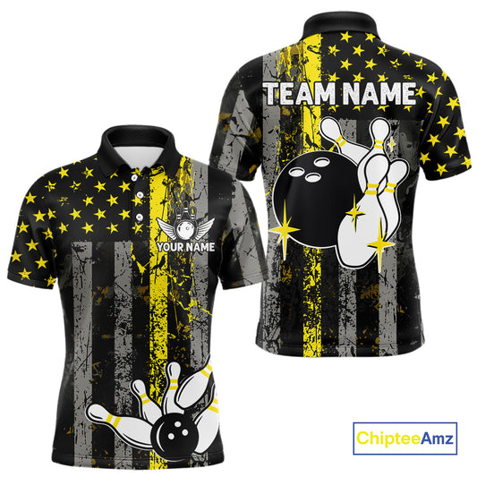 Yellow Grunge American Flag Patriotic Bowling Shirts For Men Custom Bowling Jersey Polo & 1/4 Zip TDM6288