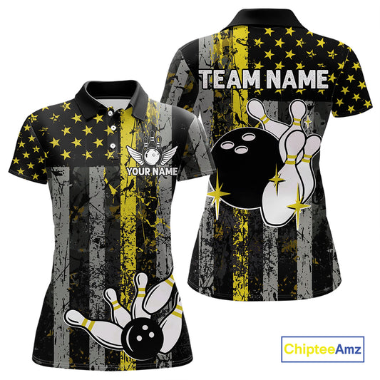 Yellow Grunge American Flag Patriotic Bowling Shirts For Women Custom Bowling Jersey Polo & 1/4 Zip TDM6288
