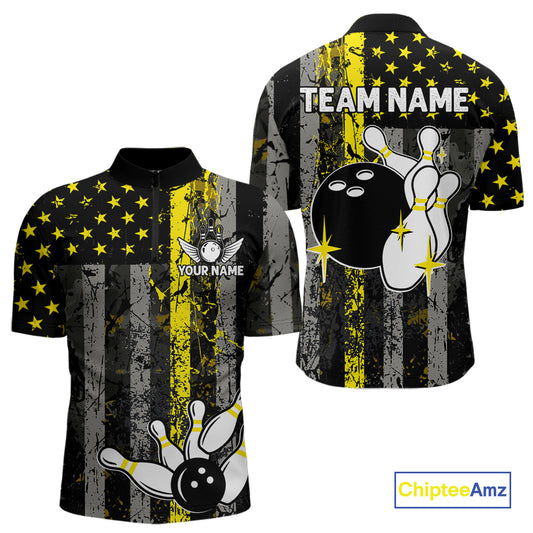 Yellow Grunge American Flag Patriotic Bowling Shirts For Men Custom Bowling Jersey Polo & 1/4 Zip TDM6288