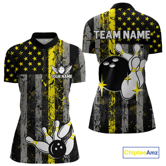 Yellow Grunge American Flag Patriotic Bowling Shirts For Women Custom Bowling Jersey Polo & 1/4 Zip TDM6288