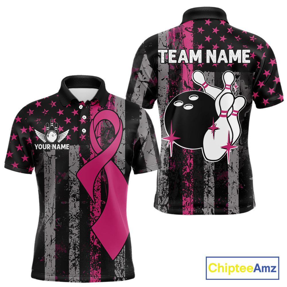 Custom Pink Ribbon Grunge American Flag Bowling Shirt For Men, Breast Cancer Bowling Team Jersey TDM6289