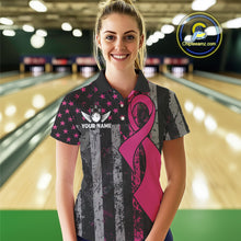 Load image into Gallery viewer, Custom Pink Ribbon Grunge American Flag Bowling Shirt For Women, Breast Cancer Bowling Team Jersey TDM6289