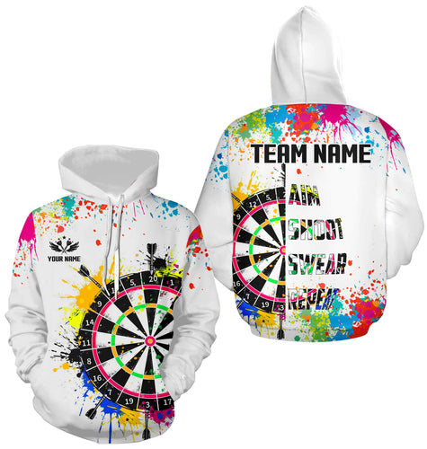 Funny Dartboards Colorful Paint Aim Shoot Swear Repeat Darts Hoodie Custom Darts Jersey |White TDM1585