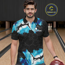 Load image into Gallery viewer, Man wearing a dreamy blue bowling polo shirt at a bowling alley front view.