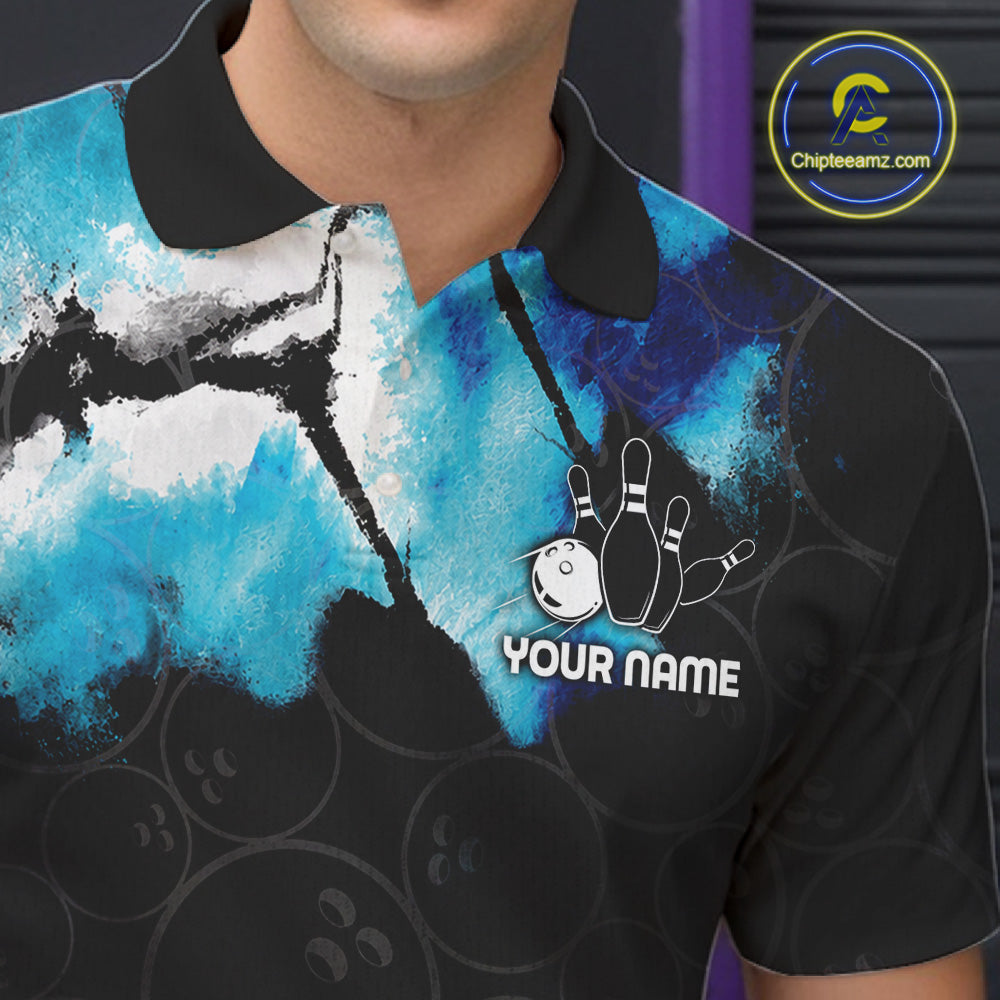 Close-up of a dreamy blue bowling polo shirt collar, buttons, and custom bowling artwork.