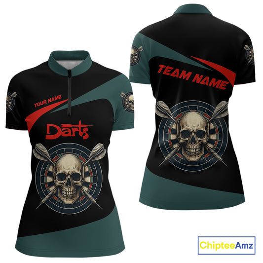 Grunge Skull And Dartboard Custom Quarter-zip Darts Shirt For Women - Darts Team Jersey NYN0700