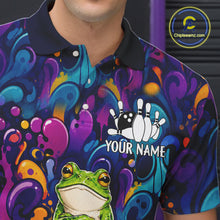 Load image into Gallery viewer, Close-up of the collar, buttons and chest detail on the personalized colorful funny frog bowling polo shirt for men.