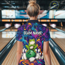 Load image into Gallery viewer, Woman wearing personalized colorful funny frog bowling polo shirt back view.