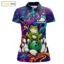 Load image into Gallery viewer, Personalized colorful funny frog bowling team jersey polo shirt for women, custom bowling league apparel with vibrant frog design and tournament-ready style.