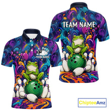 Load image into Gallery viewer, Personalized colorful funny frog bowling team jersey polo shirt for men, custom bowling league apparel with vibrant frog design and tournament-ready style.