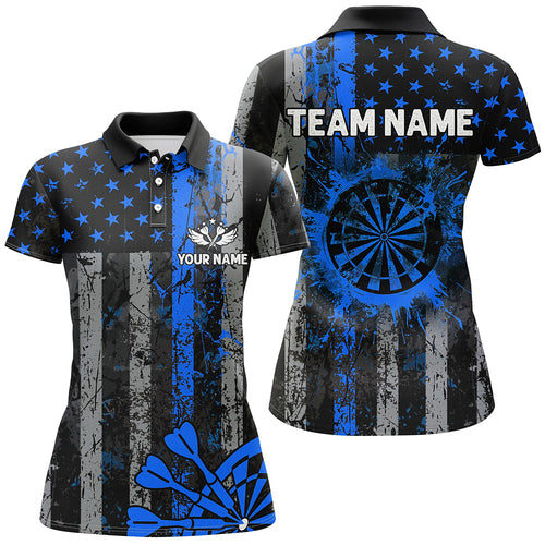 Custom Blue Grunge US Flag Patriotic Darts Shirt For Women, Retro Darts Board Darts Team Jerseys TDM2184