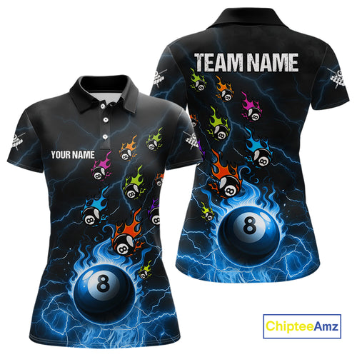 Personalized Funny Colorful Fire Flame 8 Ball Billiard Shirt For Women Custom Pool Team Jersey |Blue TDM4967