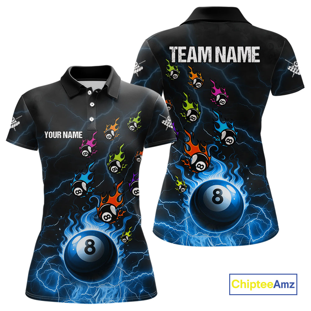Personalized Funny Colorful Fire Flame 8 Ball Billiard Shirt For Women Custom Pool Team Jersey |Blue TDM4967