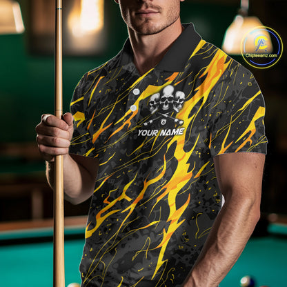 Yellow Black 8 Ball Skull Lightning Splash Billiard Shirt For Men Custom Pool Jersey Polo, 1/4 Zip TDM5892
