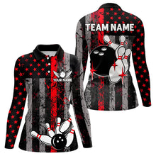 Load image into Gallery viewer, Red And Black Grunge American Flag Patriotic Bowling Shirts For Women Custom Bowling Team Jerseys TDM3696