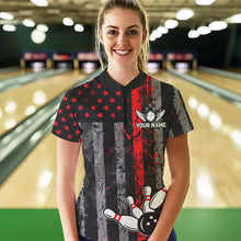 Load image into Gallery viewer, Red And Black Grunge American Flag Patriotic Bowling Shirts For Women Custom Bowling Team Jerseys TDM3696