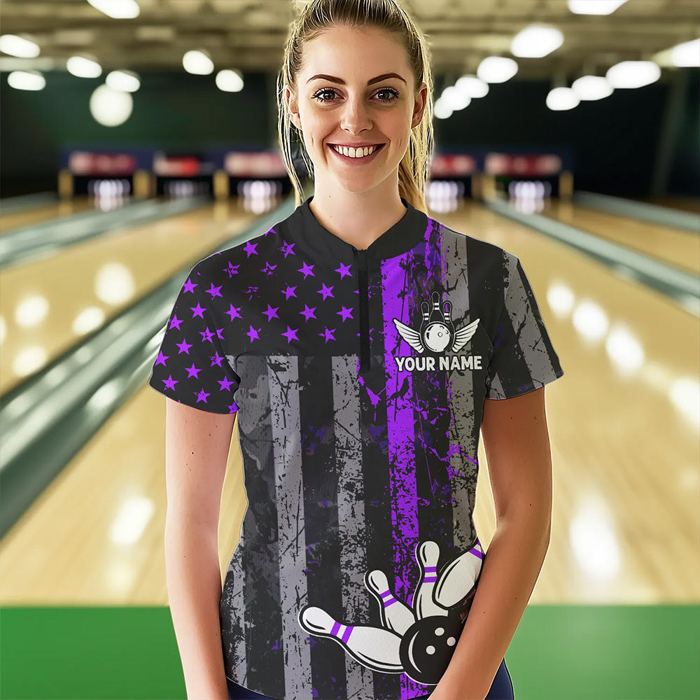 Purple And Black Grunge American Flag Patriotic Bowling Shirts For Women Custom Bowling Team Jerseys TDM3697