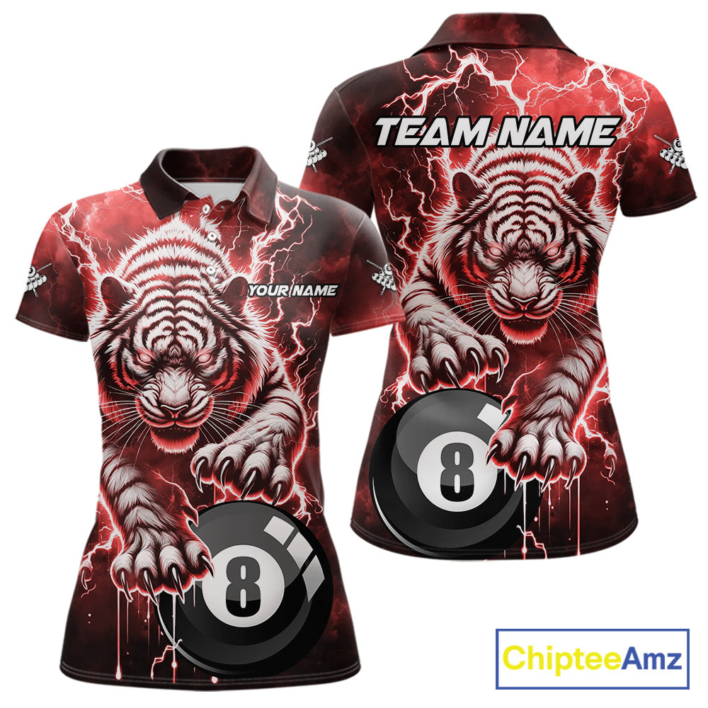 Red 8 Ball Thunder Lightning Tiger Billiard Shirt For Women Custom Pool Team Jersey Polo, 1/4 Zip TDM6037