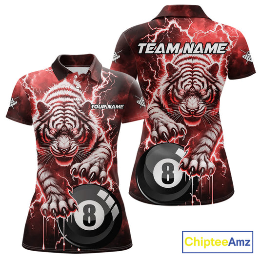 Red 8 Ball Thunder Lightning Tiger Billiard Shirt For Women Custom Pool Team Jersey Polo, 1/4 Zip TDM6037