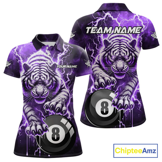 Purple 8 Ball Thunder Lightning Tiger Billiard Shirt For Women Custom Pool Team Jersey Polo, 1/4 Zip TDM6038