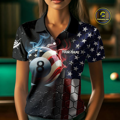 Custom Billiard Jersey For Women, 8 Ball Pool Shirt With American Flag, Billiard Polo & 1/4 Zip Shirt TDM3867