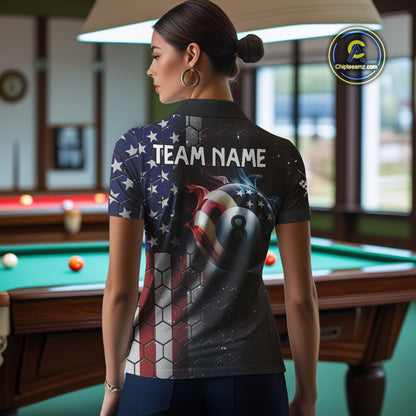 Custom Billiard Jersey For Women, 8 Ball Pool Shirt With American Flag, Billiard Polo & 1/4 Zip Shirt TDM3867